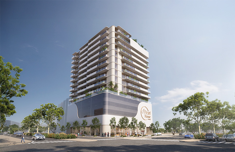 Properties A modern multi-story building named Pearl House featuring balconies, greenery, and a clear blue sky.